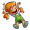Happy cute cartoon girl jumping happily stretching hands and leg