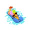 Happy cute cartoon ice cream character on vacation swimming on inflatable mattress