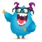 Happy cute cartoon monster wearing eyeglasses. Halloween vector blue and horned monster waving