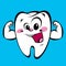 Happy cute cartoon strong tooth character making a power gesture