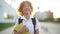 Happy cute clever boy with school bag and book in his hand. Modern backpack. Child is ready to answer. First Time to