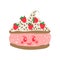 Happy Cute Delicious Cake Cartoon Character, Adorable Kawaii Dessert with Strawberries Vector Illustration