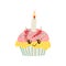 Happy Cute Delicious Cupcake Cartoon Character, Adorable Kawaii Dessert with Candle Vector Illustration