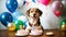 Happy cute dog in party celebrating birthday. Funny dog wearing pary hat, birthday celebration card. Happy pets. Generative AI