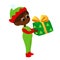 Happy cute elf holds a box with a gift in his hands. The child is very happy. Christmas vector illustration.