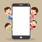 Happy cute family back smartphone