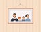 Happy cute family portrait of parents and kids is hanging on nail on wall: father, mother, son and daughter. Family of four