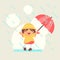 Happy cute Girl in raincoat with umbrella in autumn rainy season, illustration