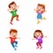 happy cute kid boy and girl jump and smile set bundle. multiracial friend together