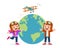 happy cute kid boy and girl with plane and globe