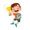 happy cute kid boy win game gold trophy