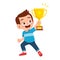 happy cute kid boy win game gold trophy