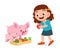 happy cute kid girl feeding cute pig