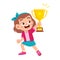 happy cute kid girl win game gold trophy