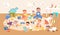 Happy cute kid playing with different toys and cubes at kindergarten interior vector flat illustration. Smiling boys and