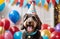 Happy cute labradoodle dog wearing a party hat celebrating at a birthday party