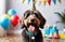 Happy cute labradoodle dog wearing a party hat celebrating at a birthday party