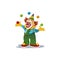 happy cute little clown juggles balls and amuses kids celebrating Halloween in a clown costume.Vector illustration