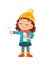 happy cute little feel disappointed and wear jacket in winter season. child use thumb down and wearing warm clothes