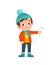 happy cute little feel disappointed and wear jacket in winter season. child use thumb down and wearing warm clothes