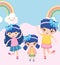 Happy cute little girls with ribbon in head celebrating rainbows cartoon