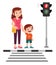 happy cute little kid boy cross the road with mother