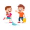 happy cute little kid boy and girl do chores cleaning floor