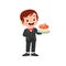 happy cute little kid boy and girl waring waiter uniform and holding birthday cake