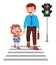 happy cute little kid girl cross the road with father