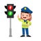 happy cute little kid girl wearing police uniform and stand beside traffic lamp