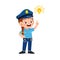 happy cute little kid girl wearing police uniform and thinking with light bulb sign