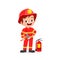 happy cute little kid wearing firefighter uniform and holding axe