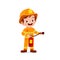 happy cute little kid wearing firefighter uniform and holding fire extinguisher