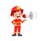 happy cute little kid wearing firefighter uniform and holding megaphone