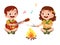 happy cute little scout boy and girl sing on campfire