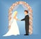 Happy cute newlywed couple standing against floral arch. Adorable bride and groom isolated on blue background. Flat