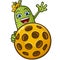 Happy cute pickle cartoon peeking out and waving from behind a super huge pickleball