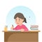 Happy cute school girl writing for homework, Study concept, Vector illustration.