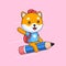 Happy cute shiba inu dog go to school ride flying pencil animal mascot cartoon vector illustration