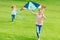 happy cute siblings playing with kite while running on green lawn