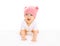 Happy cute smiling baby in knitted pink hat crawls on a white