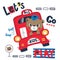 Happy cute teddy bear cartoon driving red bus.