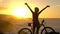 Happy Cyclist Mountain Biking Woman Raising Hands - Fitness Exercise Close up