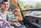 Happy dad with baby ride on double decker bus