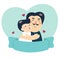 Happy dad and his son hugging.cheek to cheek.blue color flat vector illustion.