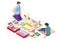 Happy dad with kid playing monopoly board game sitting on floor, vector isometric illustration. Home leisure activities.