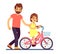 Happy dad teaching daughter cycling bike. Happy family vector concept isolated