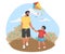 Happy dad walking with son in park, flat vector illustration. Parent child relationship, parenting. Father day activity.