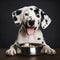 A happy Dalmatian dog puppy eagerly eating its kibble from a bowl by AI generated