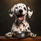 A happy Dalmatian dog puppy eagerly eating its kibble from a bowl by AI generated